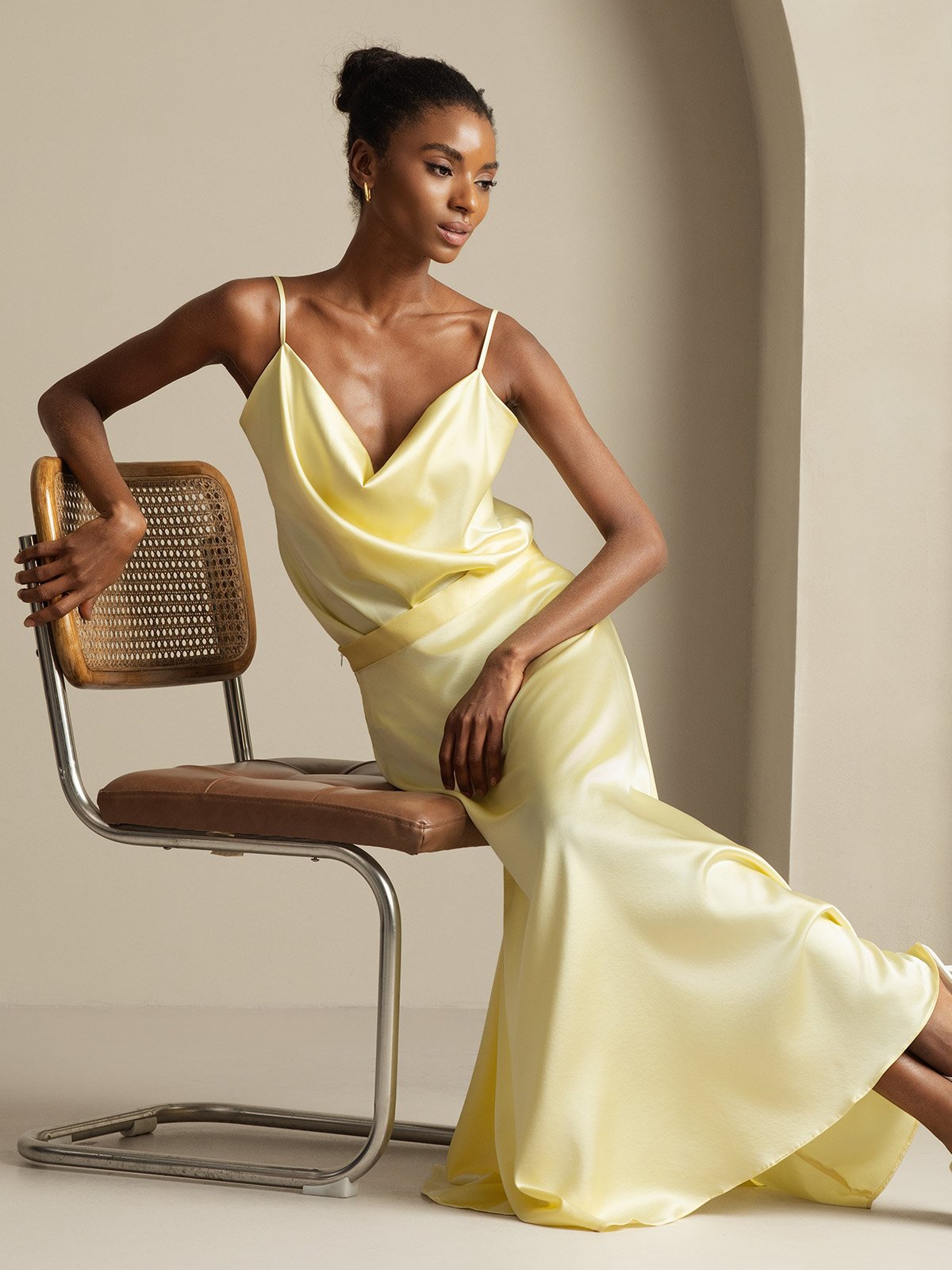 19Momme Silk Cowl Neck Spaghetti Strap Camisole Top & A Line Maxi Skirt