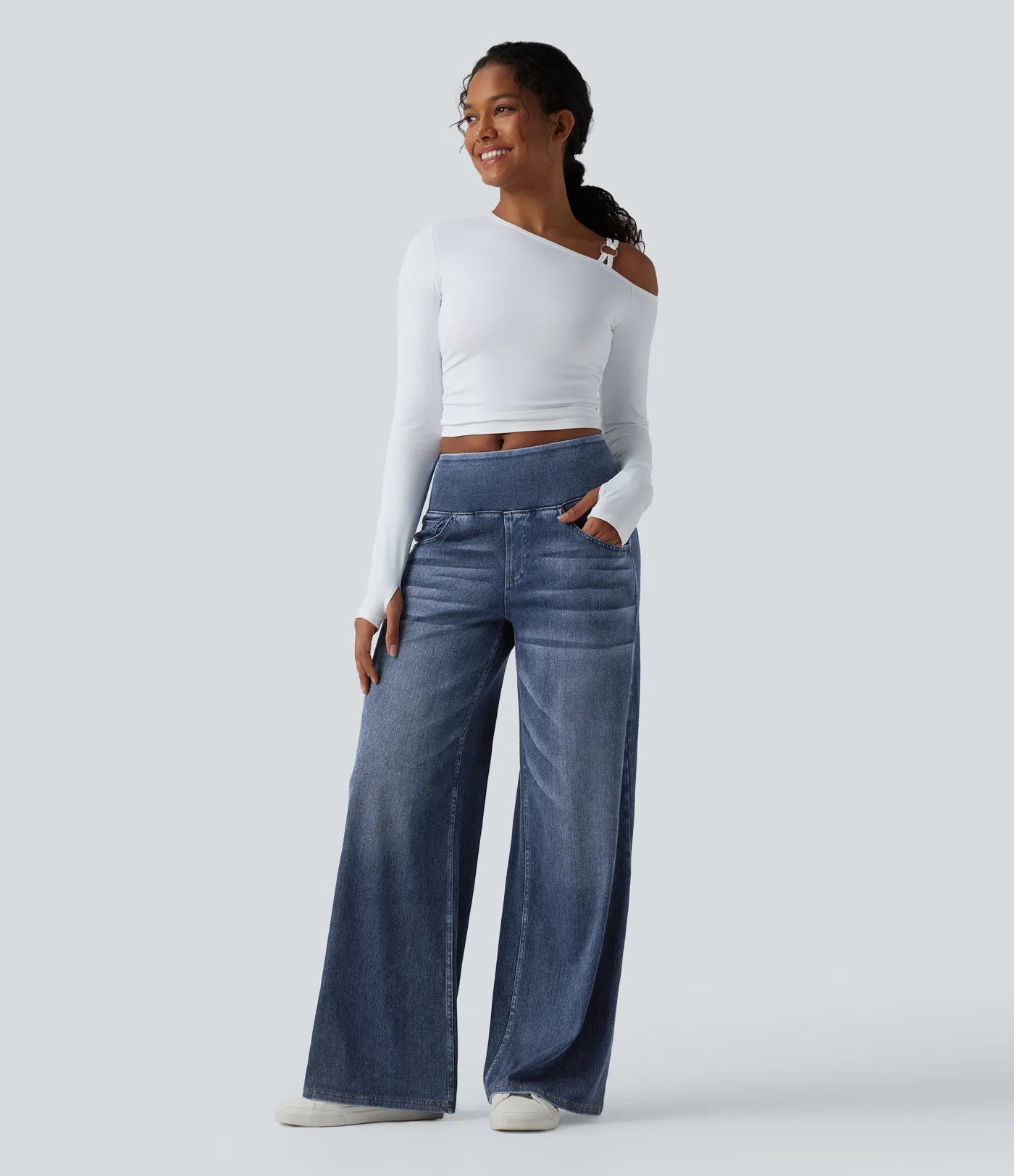Velouré Flex™ Mid Rise Draped Washed Casual Baggy Wide Leg Jeans with Pockets