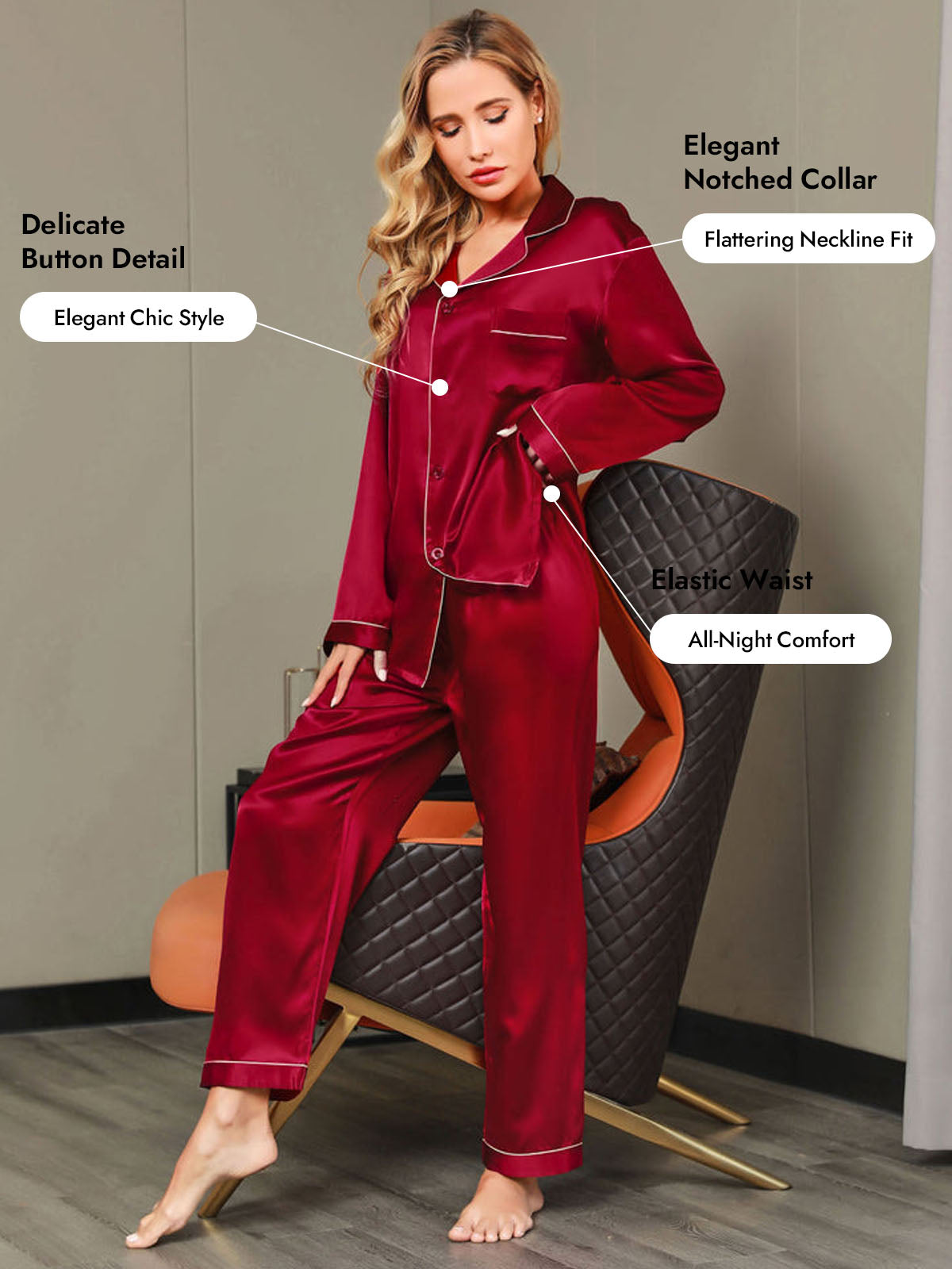 Women's Pure Silk Long Sleeve Notch Collar Pajamas Set
