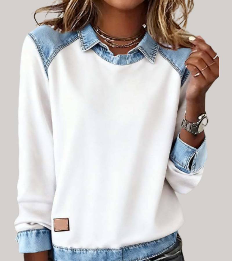 Silvia | Elegant Bimaterial Sweater with Denim Details