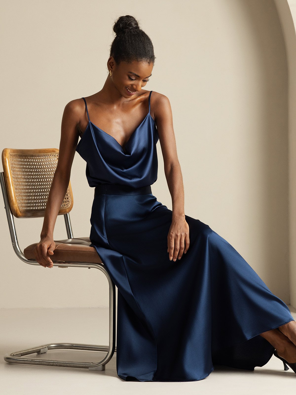 19Momme Silk Cowl Neck Spaghetti Strap Camisole Top & A Line Maxi Skirt