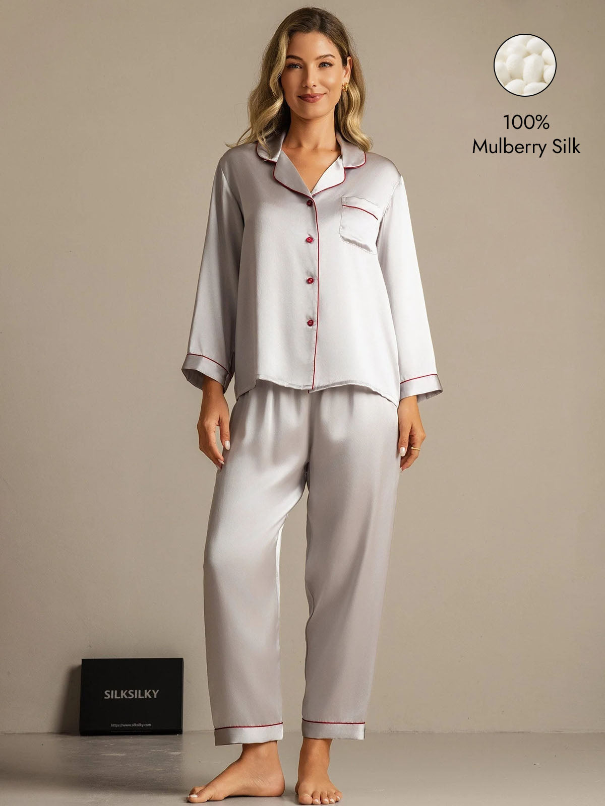 Women's Pure Silk Long Sleeve Notch Collar Pajamas Set