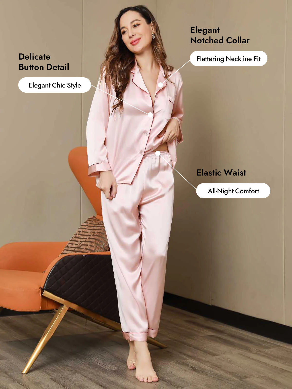 Women's Pure Silk Long Sleeve Notch Collar Pajamas Set