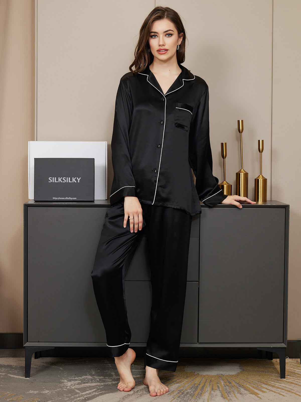 Pure Silk Long Sleeve Button Up Women's Pajamas Set