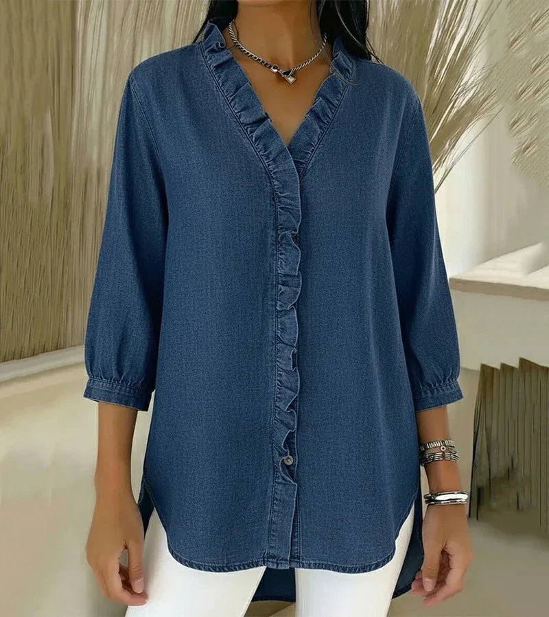 Adele | Fluid Denim Blouse with V-Neck and Ruffles