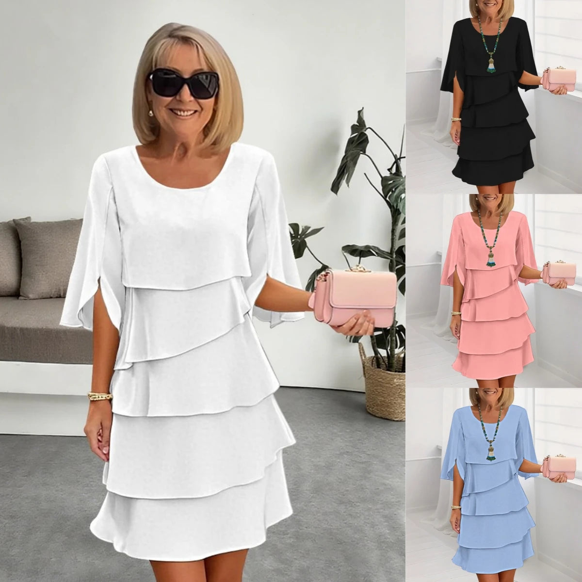 Midi-jurk voor dames, gelaagde jurk, elegant, uitgaan, normale pasvorm, pure kleur, lange mouw