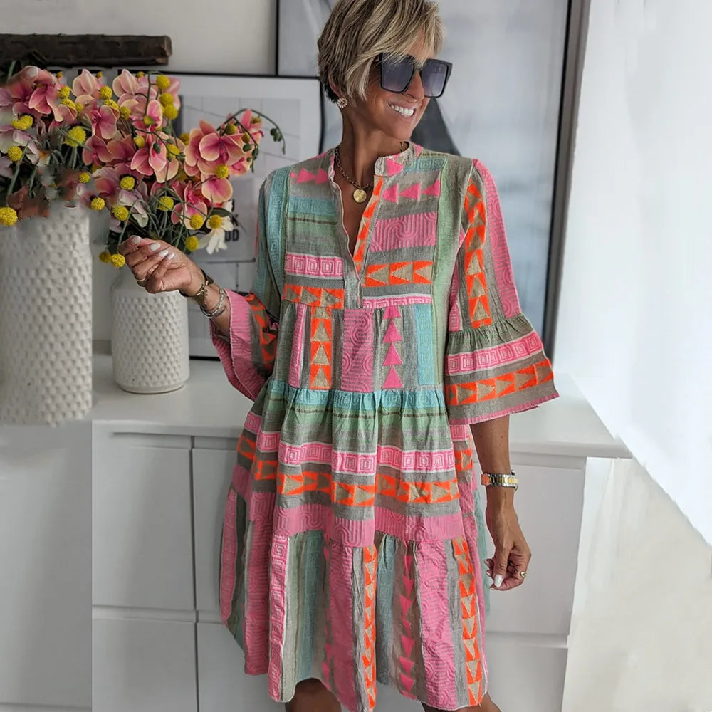 Patterned Horizon Tiered Midi Dress