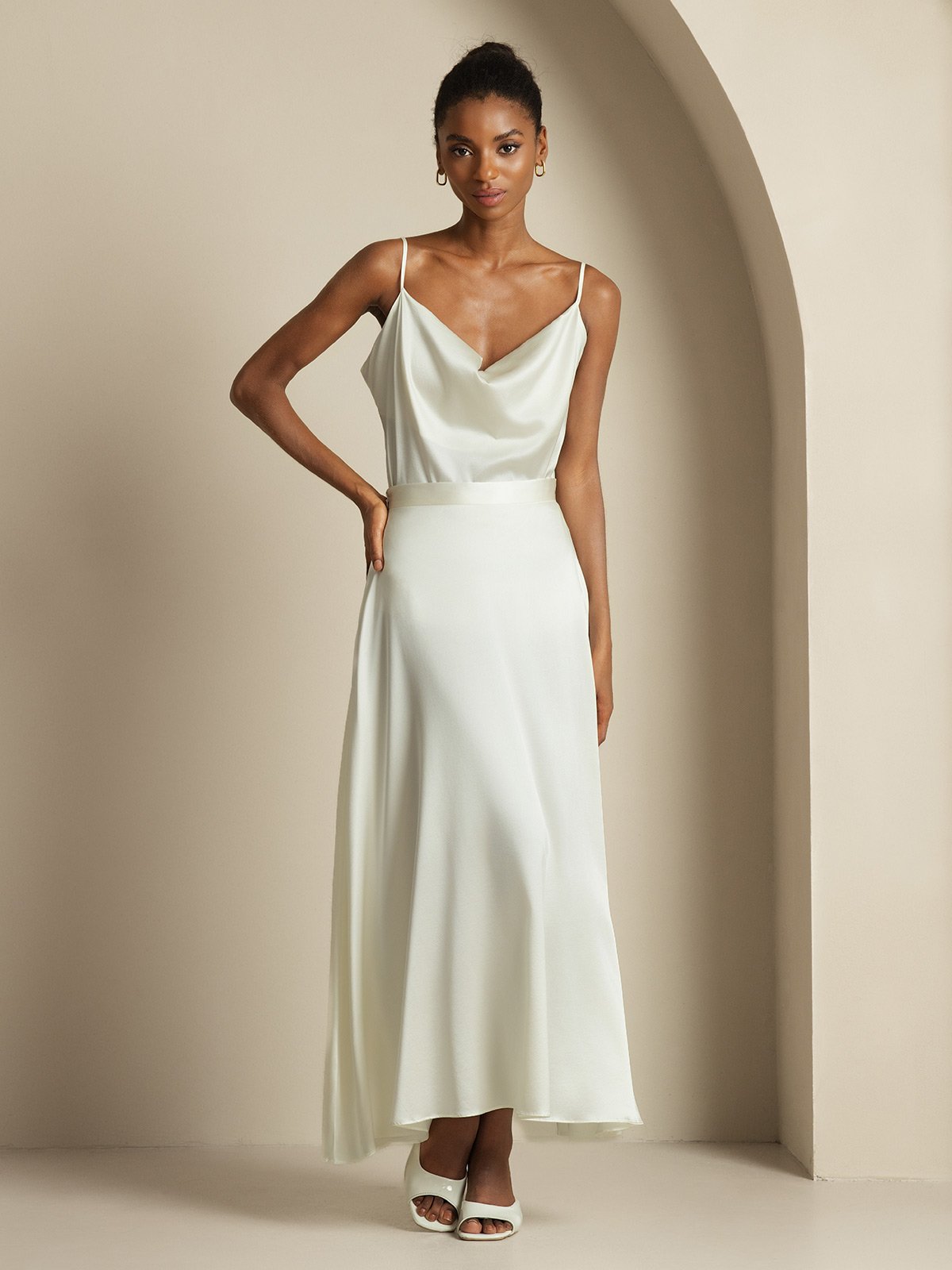 19Momme Silk Cowl Neck Spaghetti Strap Camisole Top & A Line Maxi Skirt