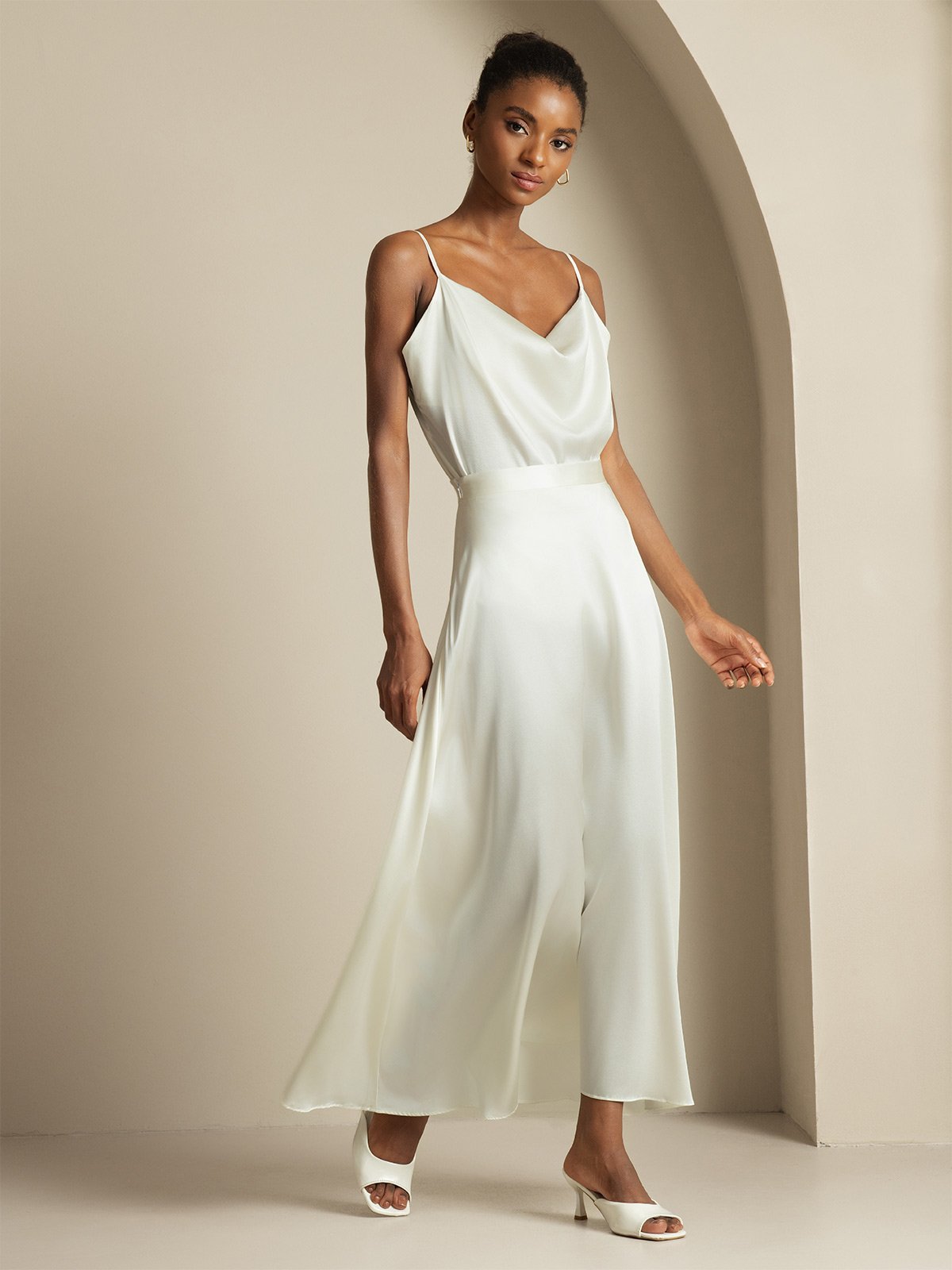 19Momme Silk Cowl Neck Spaghetti Strap Camisole Top & A Line Maxi Skirt