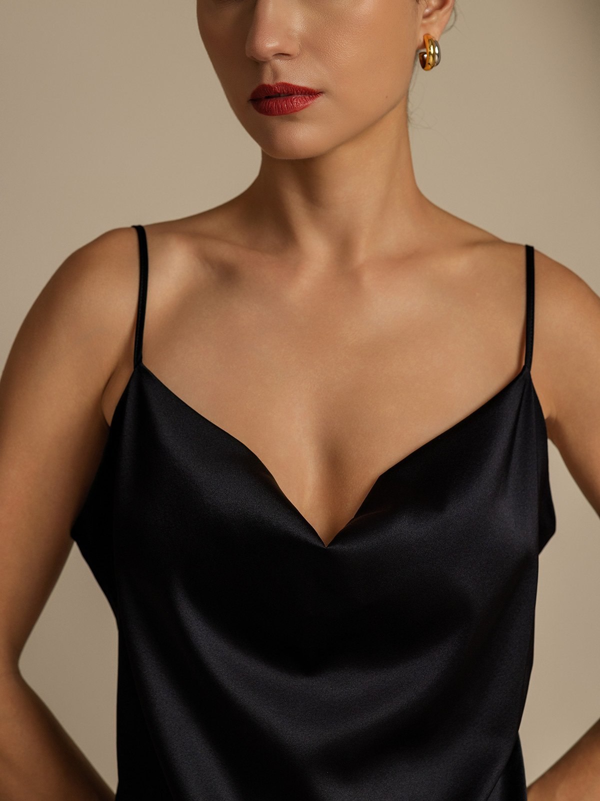 19Momme Silk Cowl Neck Spaghetti Strap Camisole Top & A Line Maxi Skirt