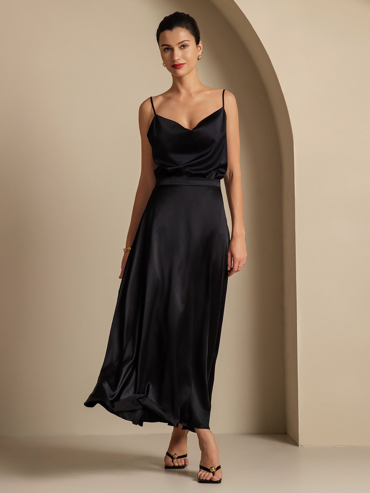 19Momme Silk Cowl Neck Spaghetti Strap Camisole Top & A Line Maxi Skirt