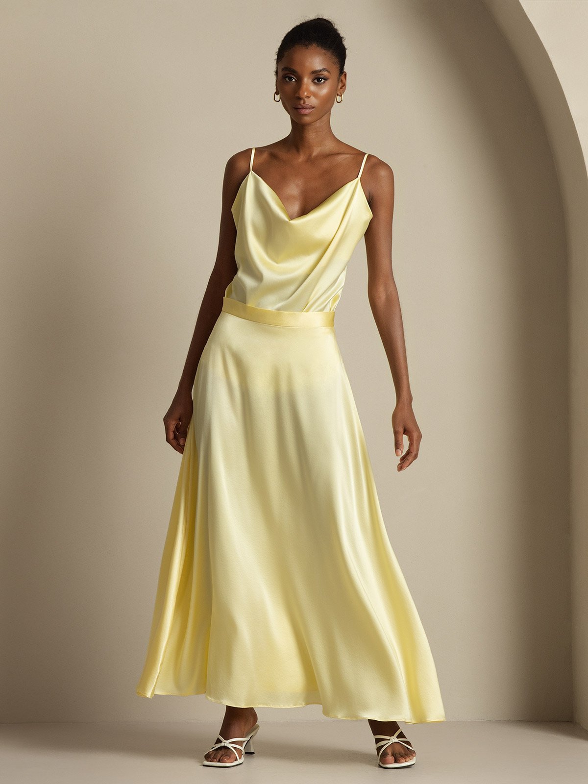 19Momme Silk Cowl Neck Spaghetti Strap Camisole Top & A Line Maxi Skirt
