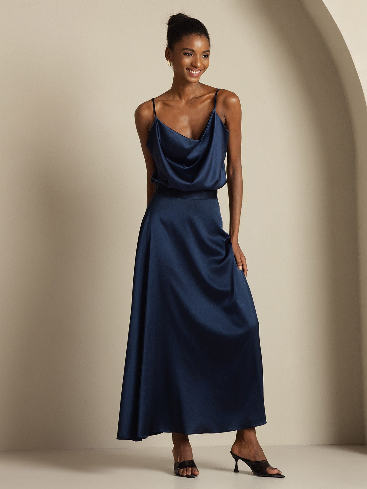 19Momme Silk Cowl Neck Spaghetti Strap Camisole Top & A Line Maxi Skirt