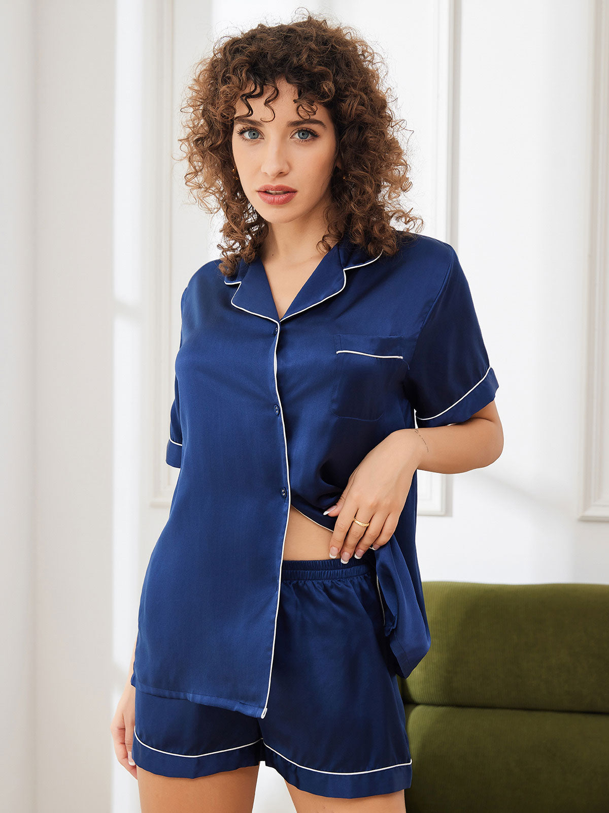 Pure Silk Short Sleeve Button Up Women's Pajamas Set