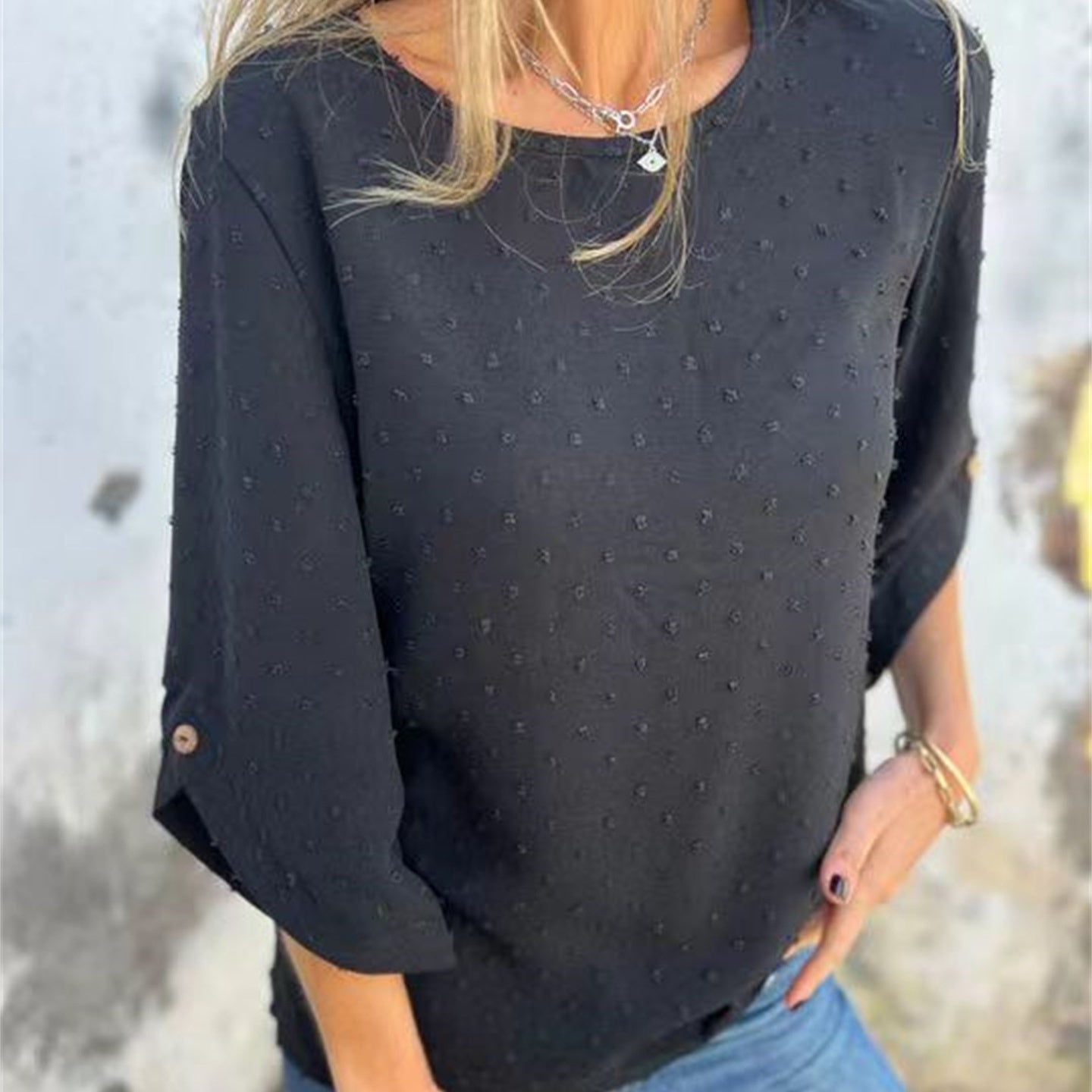Casual Jacquard Top with Round Neckline for Women